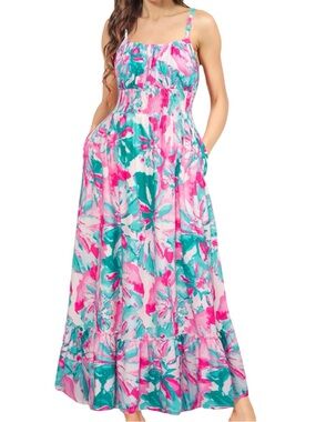 Grace Karin Smocked Floral Maxi Dress with Pockets Vibrant Pink Teal Boho XL NWT